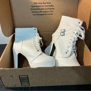 next White Lace-Up High Heel Ankle Boots with Buckle Straps